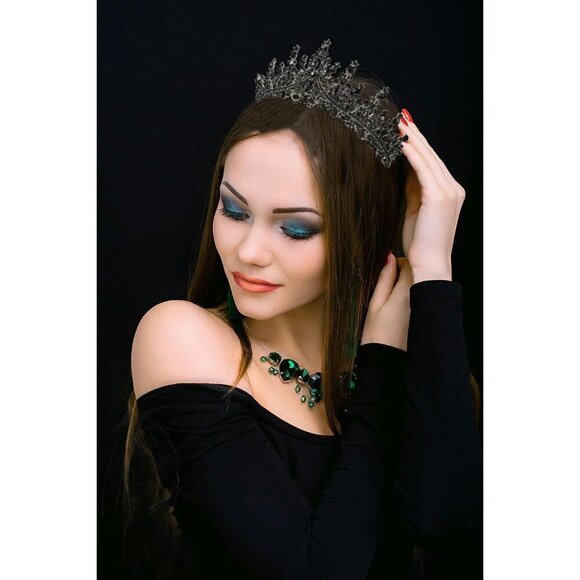 Women Black Gothic Tiara Crown Crystal Costume Prom Halloween Accessories